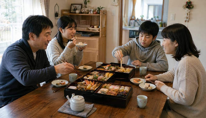 元日の自宅の食卓で、親子4人がおせちを囲みながら料理を選んで味わっている。