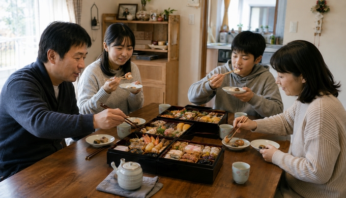親子4人がおせちのさまざまな料理を少しずつ取り分け、味わいながら次の一品を選んでいる。