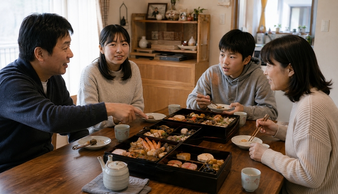 食事が進んだ食卓で、一人がおせちの一品を示しながら話し、ほかの家族がその答えを聞いている。