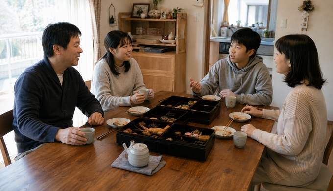 おせちを食べ進めた親子4人が、食卓で互いの顔を見ながら選んだ料理について話している。