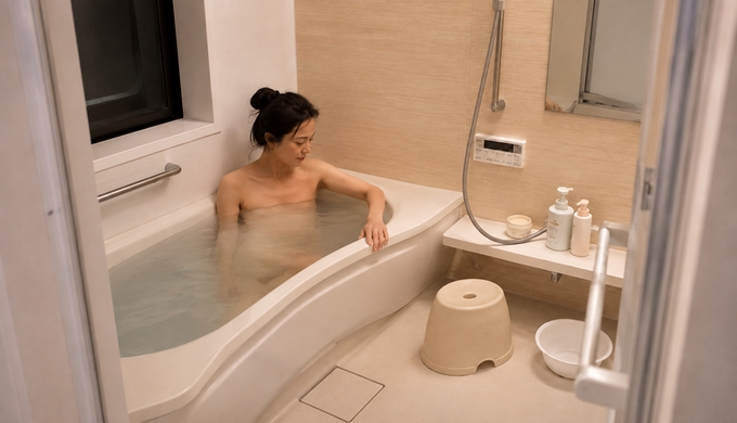 自宅の湯船につかった女性が、浴槽の縁に腕を置いてゆっくり過ごしている。