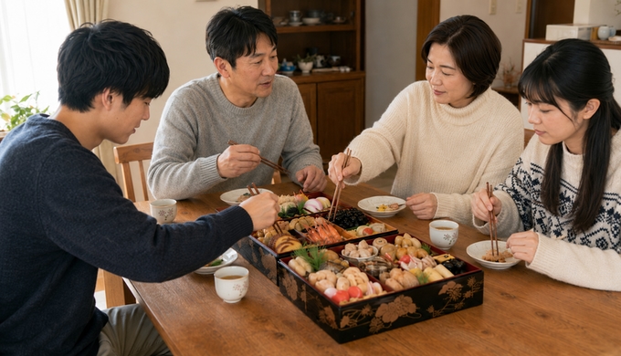 元日の食卓で、家族が重箱のおせちからそれぞれ気になる料理を選んでいる。