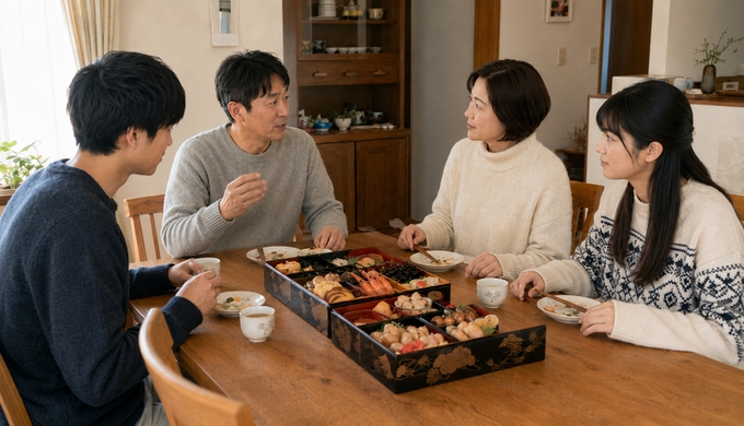 食べ進めたおせちを囲み、家族4人が料理について顔を向け合って話している。