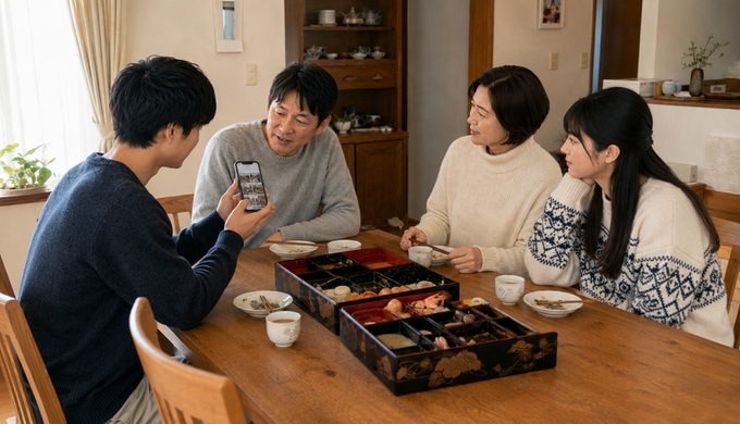 食事の終盤に、家族が食卓でスマートフォンを一緒に見ながらおせちにまつわる店や土地を調べている。