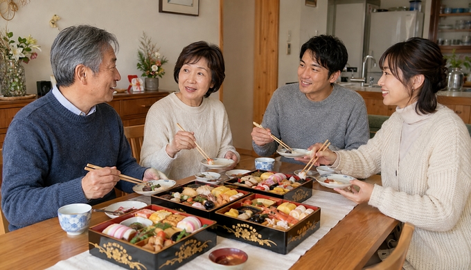 帰省した日は料理を頑張らず、みんな同時に席につく正月にする