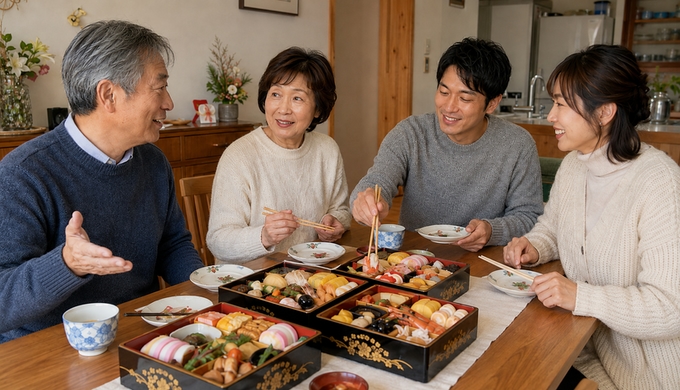 元日の食卓で家族4人が盛り付け済みのおせちを前に全員席につき、食事を始めようとしている。