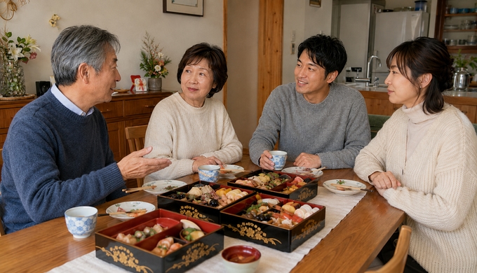 食べかけのおせちを囲み、家族4人が席についたまま互いの顔を見て会話を続けている。