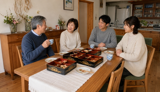 おせちをほぼ食べ終えた食卓で、家族4人が席に残り、湯飲みを手にしながら会話を続けている。