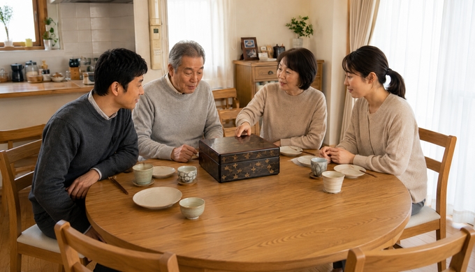 元日の朝、家族4人が食卓にそろい、中央に置いた閉じた重箱をこれから一緒に開けようとしている。