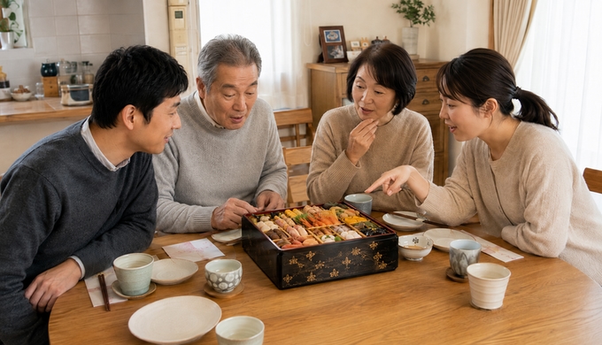 家族4人が開いた重箱のおせちを眺め、一人が気になる料理を指しながら互いに話している。