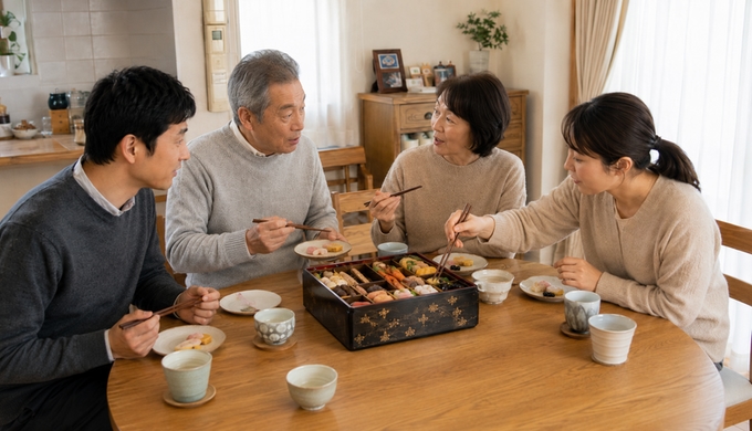 家族4人がおせちを取り分けた元日の食卓で、食事をしながら互いに会話を続けている。