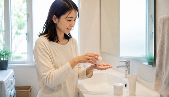 洗面台で手に取ったウォッシュへパウダーを加えながら、使う量を確かめている女性。