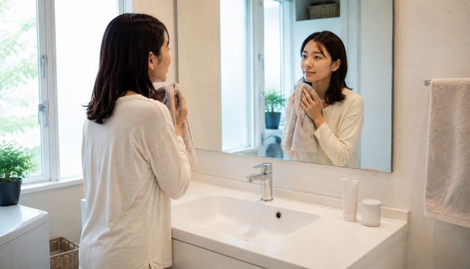 洗顔を終えてタオルを手に鏡を見る女性と、洗面台に置かれた2つの洗顔アイテム。
