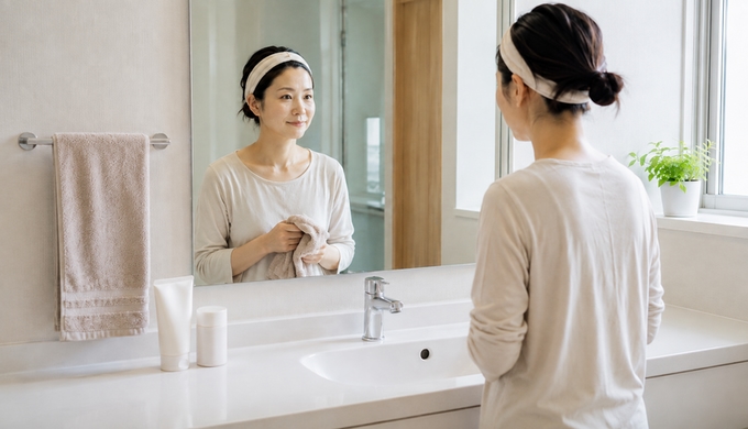 洗顔を終えた女性がハンドタオルを手に、洗面所の鏡の前に立っている。