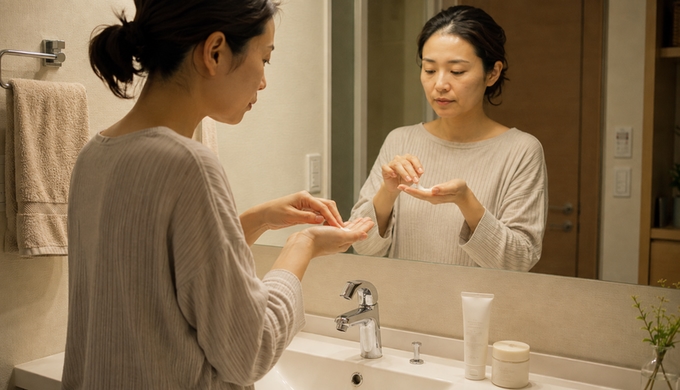 夜の洗面所で、女性が2種類の洗顔料を手のひらで混ぜている。