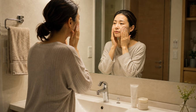 夜の洗面所で、女性が混ぜた泡立たない洗顔料を顔へなじませている。