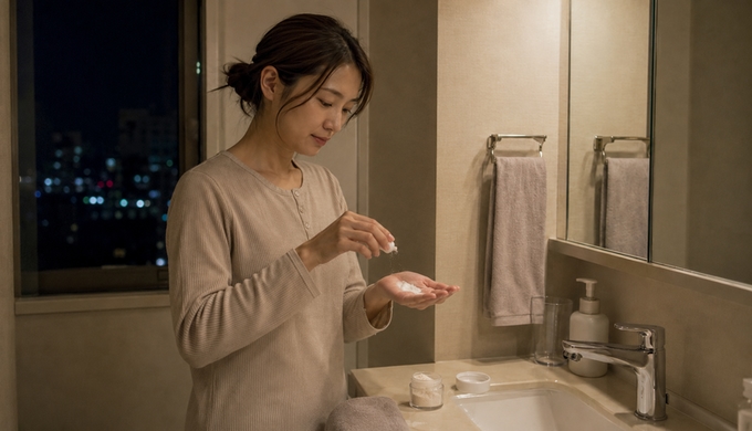 洗面所で女性が手のひらのウォッシュに少量のパウダーを加え、配合を確かめている。