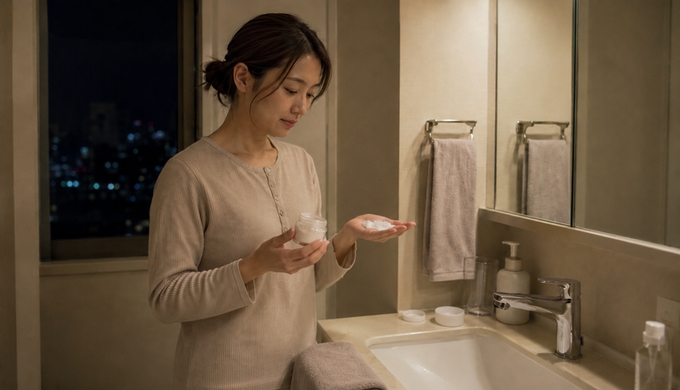 夜の洗面所で女性が手のひらの洗顔料とパウダー容器を見比べながら量を調整しようとしている。