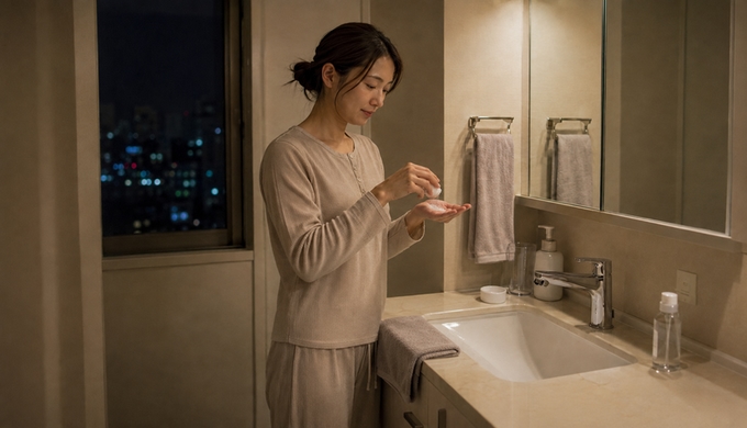 夜の洗面所で女性がウォッシュとパウダーを手のひらで自然に混ぜている。