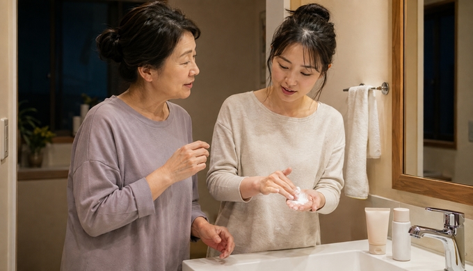 46年続く洗顔シリーズを、親子で「昔と今」の話をしながら使ってみる