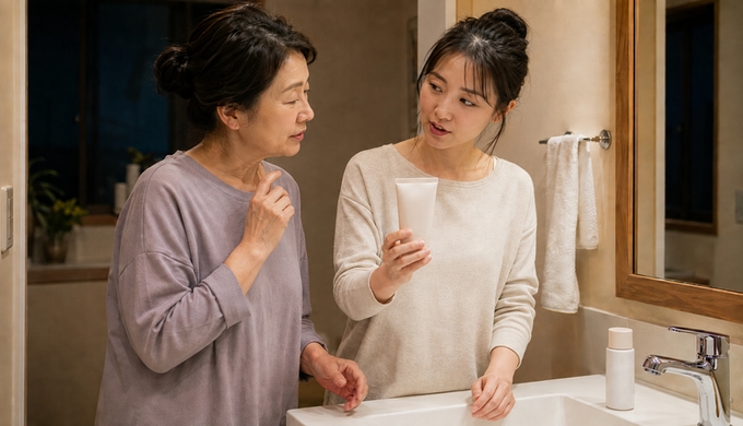 洗面所で娘が洗顔料を手に持って母に見せ、母がその商品を見ながら話している。