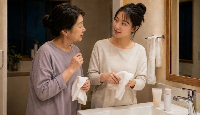 洗顔を終えた母娘がタオルを手に持ち、洗面台の前でそのまま会話を続けている。