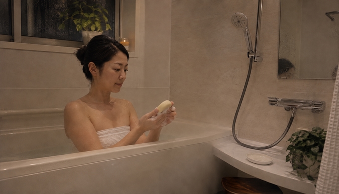 自宅の浴室で、女性が固形石けんを両手でゆっくり泡立て始めている。