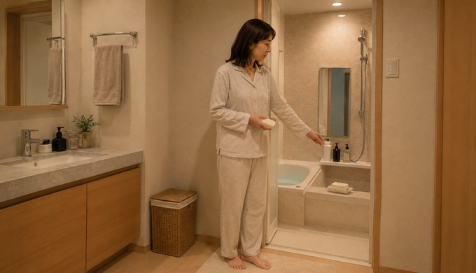部屋着姿の女性が、入浴前に自宅の浴室の石けん置きへ固形石けんを置こうとしている。