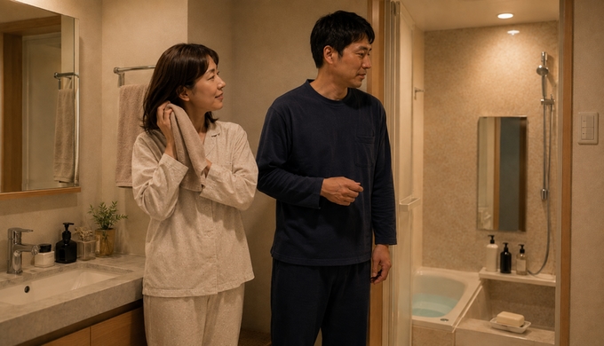 お風呂上がりの女性が髪を拭きながら男性と話し、浴室の石けんへ男性が視線を向けている。