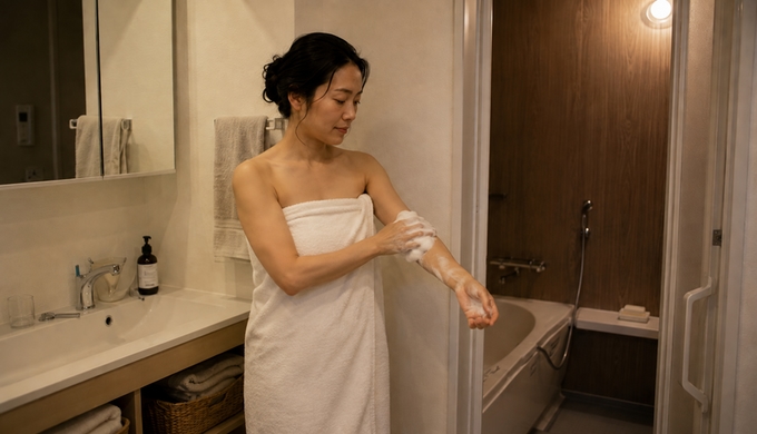 浴室で女性が固形石けんを泡立て、白い泡を腕に広げながら身体を洗っている。