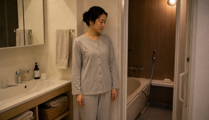 身支度を終えた女性が、浴室の固形石けんと洗面台に置いたボディケアへ視線を向けている。
