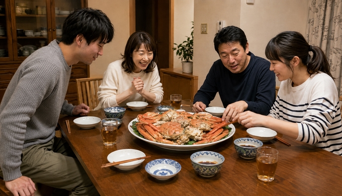 家族が席につき、食卓の中央に置かれた大皿のカニを見ながら夕食を始めようとしている。