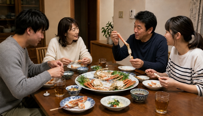 家族が大皿からカニを選び、殻をむいたり会話したりしながら食卓を囲んでいる。