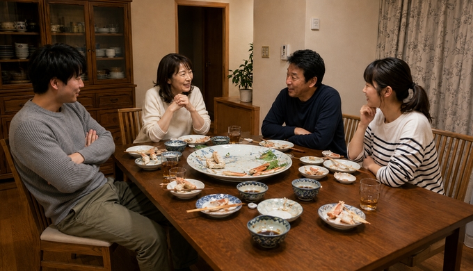 食べ進めてカニが少なくなった大皿を囲み、家族が食卓で会話を続けている。