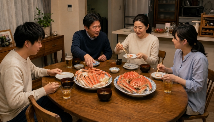 家族が食卓に並んだ二種類の蟹から少しずつ取り分け、食べ比べを始めている。