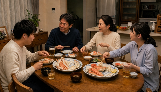 家族が二種類の蟹を食べながら感想を言い合い、それぞれ違う蟹を選んでいる。