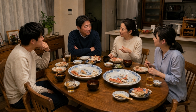 蟹が少なくなった食卓で、家族4人が食べ比べたあとの好みについて話している。