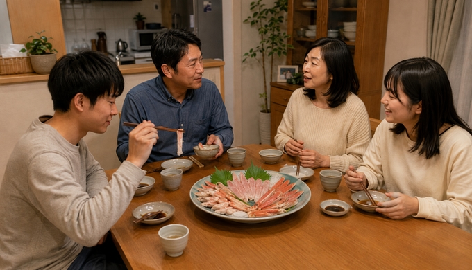 自宅の食卓で4人が刺身のカニを取り分け、そのまま味わいながら会話している。