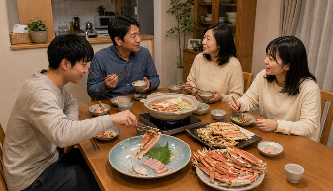 自宅の食卓で4人が焼き蟹や鍋のカニを取り分け、食べ方の違いについて話している。