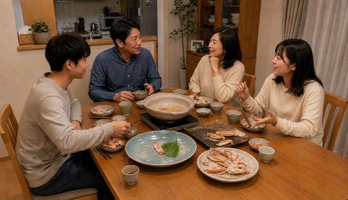 食べ進めたカニと殻が残る自宅の食卓で、4人がそれぞれの好きな食べ方について話している。