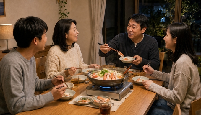 カニ鍋から食べやすいカニを取り分けながら、4人が食卓で会話を続けている。