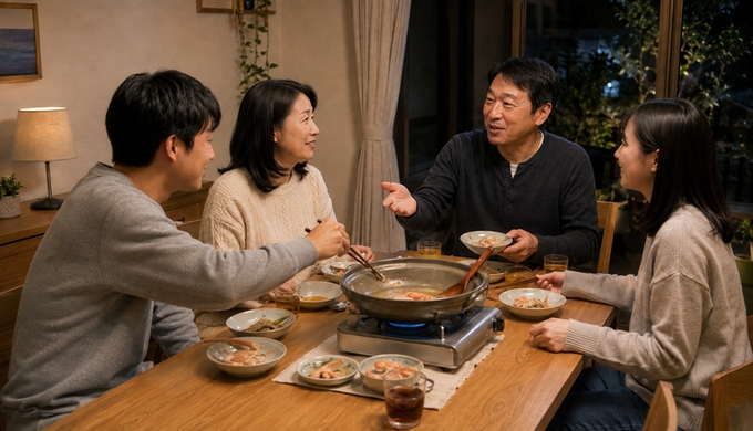 食べるペースの違う4人が、カニ鍋を囲みながら同じ会話に参加している。