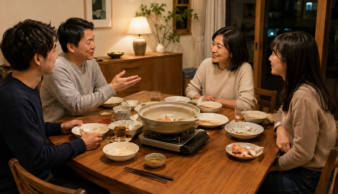 食事が進んでカニの減った鍋を囲み、4人が手を休めながら会話している。