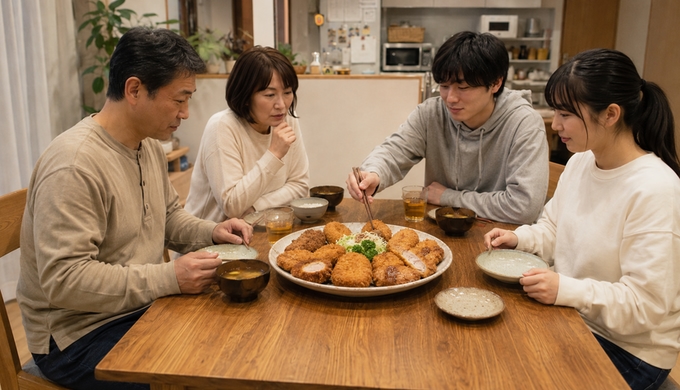 食卓に並んだ複数種類のフライを見ながら、家族がそれぞれ食べたいものを選んでいる。