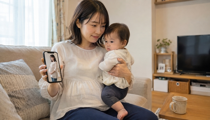 赤ちゃんを抱いた女性が、自宅で同じブラウスを着ていた妊娠中の自分の写真をスマートフォンで見返している。