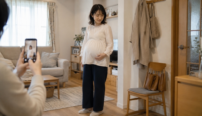 妊娠中の女性が自宅でペプラムブラウスを着て立ち、家族にスマートフォンで普段の姿を撮ってもらっている。