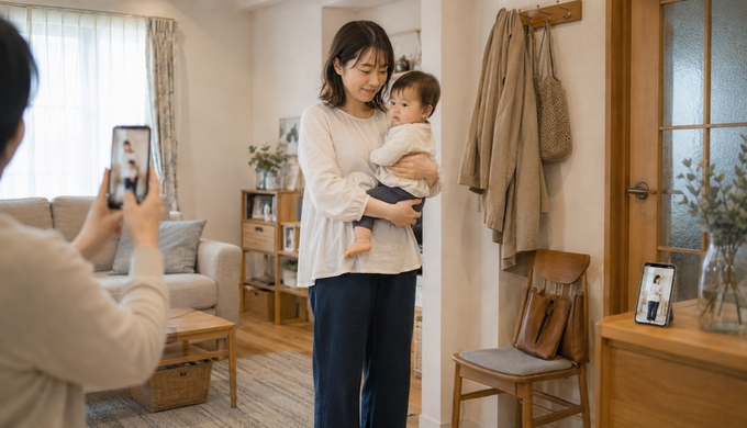 同じペプラムブラウスを着た女性が赤ちゃんを抱いて撮影してもらい、そばのスマートフォンには妊娠中の写真が表示されている。