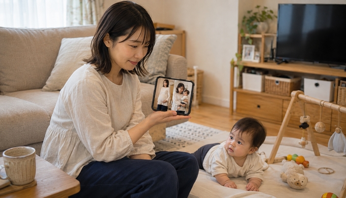 女性が赤ちゃんのそばで、同じブラウスを着た妊娠中と産後の二枚の写真をスマートフォンで見比べている。