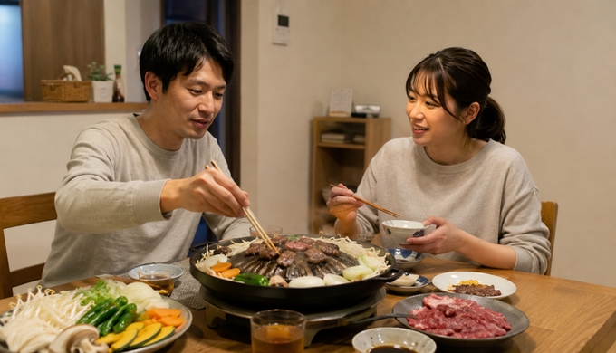 週末の食卓で、二人でジンギスカン鍋を囲んでみる