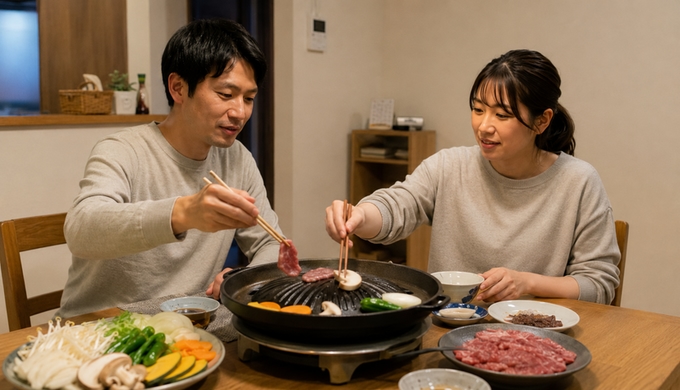 自宅の食卓で二人が簡易ジンギスカン鍋に肉と野菜をのせ、夕食を始めている。